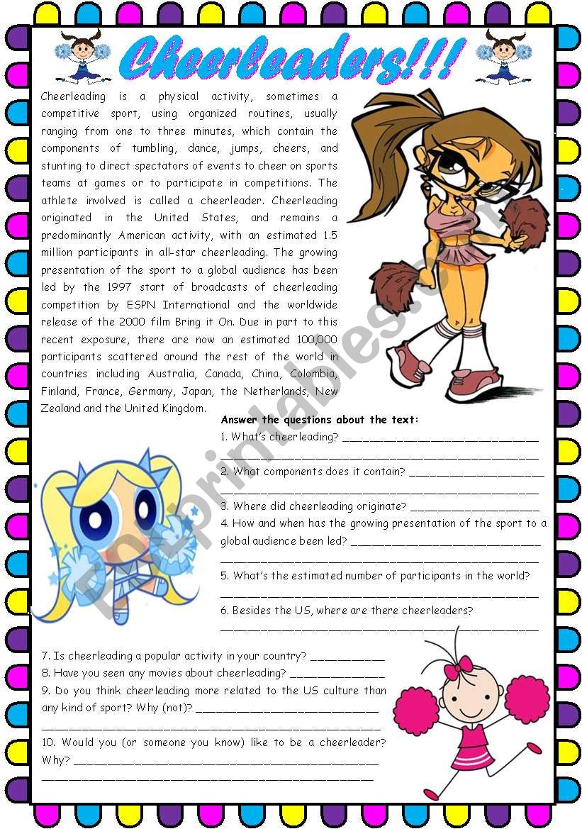 Cheerleaders!!!  reading comprehension [4 tasks + videos + movies] SOURCES AND LINKS INCLUDED ((3 pages)) ***editable